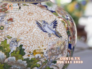 Bình tỏi men màu vẽ vàng 24k, họa tiết 2 mặt cảnh Thuận Buồm Xuôi Gió và Chim Hoa cao 45cm