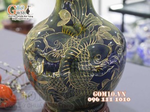 Bình tỏi men màu vẽ vàng 24k họa tiết Cá chép liên hoa cao 45cm