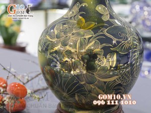 Bình tỏi men màu vẽ vàng 24k họa tiết Cá chép liên hoa cao 45cm