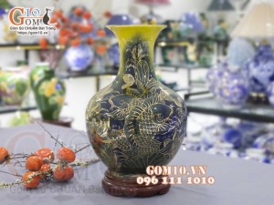 Bình tỏi men màu vẽ vàng 24k họa tiết Cá chép liên hoa cao 45cm