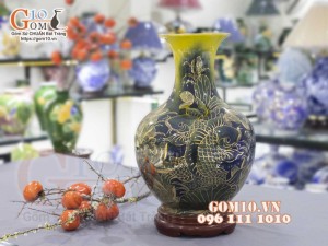 Bình tỏi men màu vẽ vàng 24k họa tiết Cá chép liên hoa cao 45cm