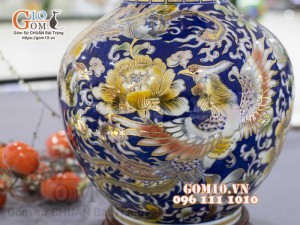 Bình tỏi men màu vẽ vàng 24k họa tiết song phượng cao 45cm