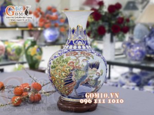 Bình tỏi men màu vẽ vàng 24k, Nhị cảnh Thuận Buồm Xuôi Gió và Công Đào cao 45cm