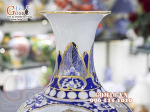 Bình tỏi men màu vẽ vàng 24k, Nhị cảnh Thuận Buồm Xuôi Gió và Công Đào cao 45cm