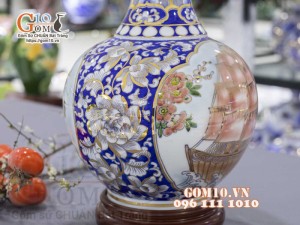 Bình tỏi men màu vẽ vàng 24k, Nhị cảnh Thuận Buồm Xuôi Gió và Công Đào cao 45cm