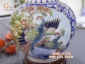 Bình tỏi men màu vẽ vàng 24k, Nhị cảnh Thuận Buồm Xuôi Gió và Công Đào cao 45cm