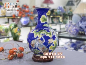 Bình tỏi men màu vẽ vàng 24k, Sen Hạc Phú Quý, nền xanh cao 45cm