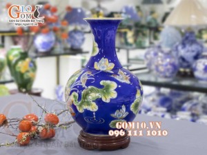 Bình tỏi men màu vẽ vàng 24k, Sen Hạc Phú Quý, nền xanh cao 45cm