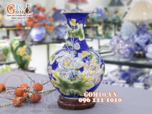 Bình tỏi men màu vẽ vàng 24k, Sen Hạc Phú Quý, nền xanh cao 45cm