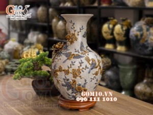 Bình tỏi men rạn đắp nổi Chim hoa, cao 43cm