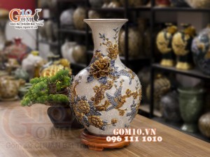 Bình tỏi men rạn đắp nổi Chim hoa, cao 43cm