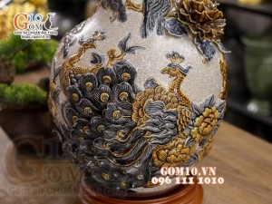 Bình tỏi men rạn đắp nổi Chim hoa, cao 43cm
