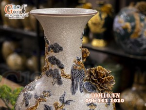 Bình tỏi men rạn đắp nổi Chim hoa, cao 43cm