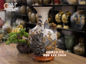 Bình tỏi men rạn đắp nổi Chim hoa, cao 43cm