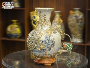 Bình tỏi men rạn đắp nổi Công Danh Phú Quý kênh vẽ vàng 24k, cao 52cm