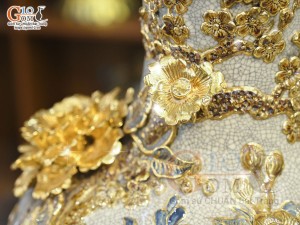 Bình tỏi men rạn đắp nổi Công Danh Phú Quý kênh vẽ vàng 24k, cao 52cm