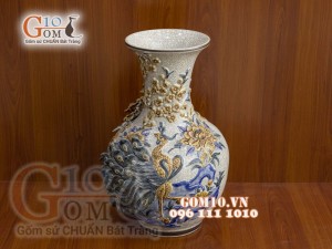 Bình tỏi men rạn đắp nổi Công Đào, đuôi kênh cao 45cm