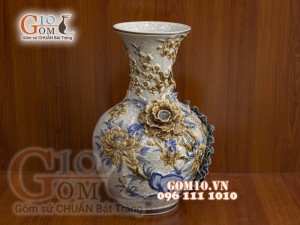 Bình tỏi men rạn đắp nổi Công Đào, đuôi kênh cao 45cm