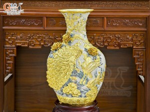 Bình tỏi men rạn đắp nổi Công Đào kênh 3D dát vàng điểm, cao 80cm