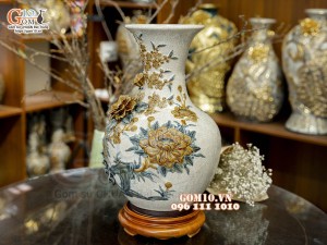 Bình tỏi men rạn đắp nổi Công Đào Phú Quý kênh, cao 45cm