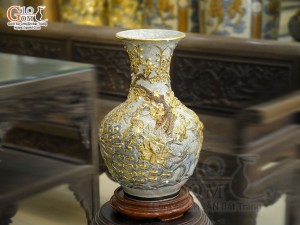 Bình tỏi men rạn đắp nổi Công Đào Tài Lộc vẽ vàng 24k, cao 45cm