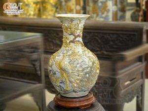 Bình tỏi men rạn đắp nổi Công Đào Tài Lộc vẽ vàng 24k, cao 45cm