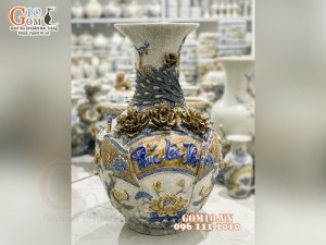 Bình tỏi men rạn đắp nổi Phúc Lộc Thọ, hoa kênh cao 60cm