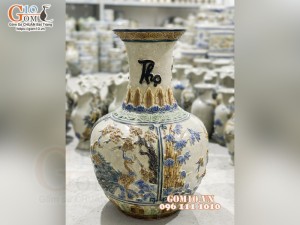 Bình tỏi men rạn đắp nổi Tứ Cảnh, cao 50cm