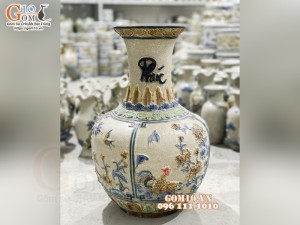 Bình tỏi men rạn đắp nổi Tứ Cảnh, cao 50cm