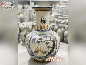 Bình tỏi men rạn đắp nổi Tứ Cảnh, cao 50cm