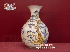 Bình tỏi men rạn đắp nổi Tùng Hạc, cao 60cm