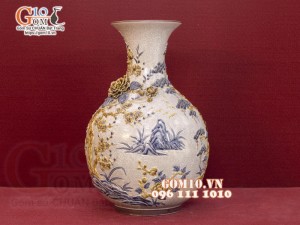 Bình tỏi men rạn đắp nổi Tùng Hạc, cao 60cm