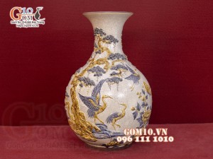 Bình tỏi men rạn đắp nổi Tùng Hạc, cao 60cm