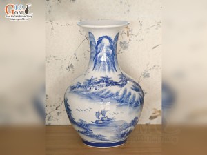 Bình tỏi men chàm cổ vẽ cảnh Công Đào Phú Quý, cao 50cm