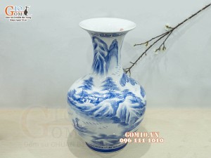 Bình tỏi men chàm cổ vẽ cảnh Sơn Thuỷ, cao 60cm