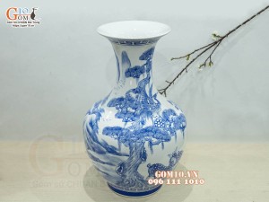 Bình tỏi men chàm cổ vẽ cảnh Sơn Thuỷ, cao 60cm