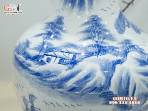 Bình tỏi men chàm cổ vẽ cảnh Sơn Thuỷ, cao 60cm