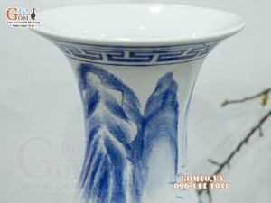 Bình tỏi men chàm cổ vẽ cảnh Sơn Thuỷ, cao 60cm