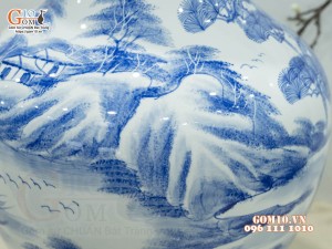 Bình tỏi men chàm cổ vẽ cảnh Sơn Thuỷ, cao 60cm