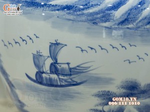 Bình tỏi men chàm cổ vẽ cảnh Sơn Thuỷ, cao 60cm