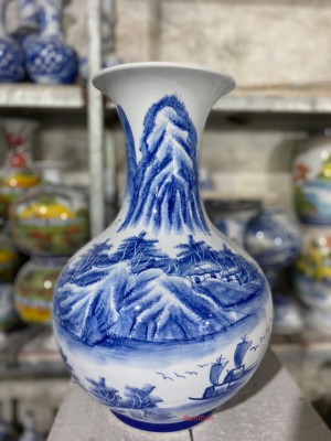 Bình tỏi men chàm cổ vẽ cảnh Tùng Lộc Diên Niên, cao 50cm