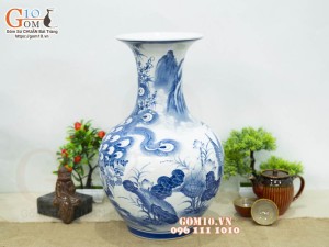 Bình tỏi men chàm cổ vẽ Công Thành Danh Toại, cao 46cm