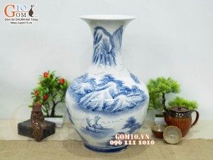 Bình tỏi men chàm cổ vẽ Diên Nhiên Trường Thọ, cao 46cm