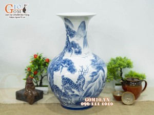 Bình tỏi men chàm cổ vẽ Diên Nhiên Trường Thọ, cao 46cm