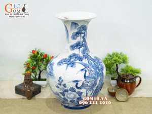 Bình tỏi men chàm cổ vẽ Diên Nhiên Trường Thọ, cao 46cm