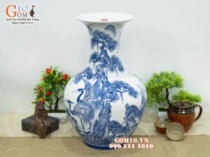 Bình tỏi men chàm cổ vẽ Diên Nhiên Trường Thọ, cao 46cm
