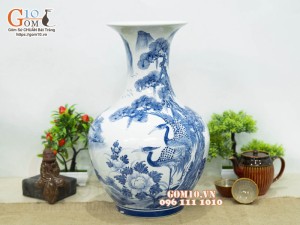 Bình tỏi men chàm cổ vẽ Diên Nhiên Trường Thọ, cao 46cm