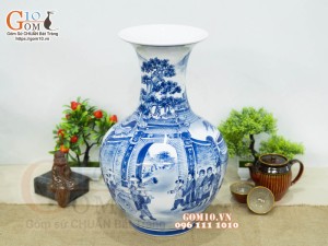 Bình tỏi men chàm cổ vẽ Trạng Nguyên Về Làng, cao 46cm