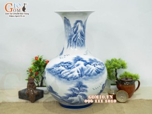 Bình tỏi men chàm cổ vẽ Tùng Lộc, cao 46cm