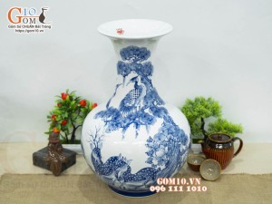 Bình tỏi men chàm cổ vẽ Tùng Lộc, cao 46cm